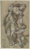 drawing: Woman and Child. brush and brown ink, over black chalk highlighted in white on blue paper