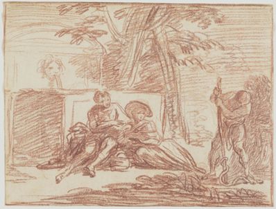 drawing: Scene in a Garden. red chalk on paper
