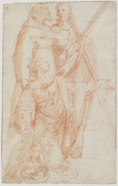 drawing: Saints Andrew, Catherine, and Francis. red chalk on paper