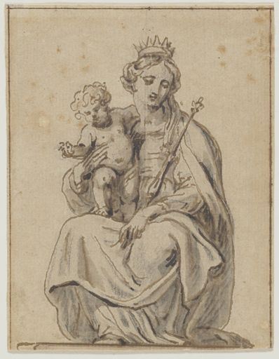 drawing: Madonna and Child Enthroned. pen and brown ink, brown wash, over traces of  graphite and black chalk on paper