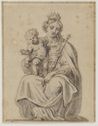 drawing: Madonna and Child Enthroned. pen and brown ink, brown wash, over traces of  graphite and black chalk on paper