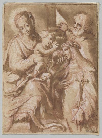 drawing: Holy Family with Saint Catherine. pen and brown ink, brown wash, red chalk heightened with white on paper