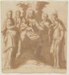 drawing: Madonna and Child with Two Saints and Two Monks. pen and brown ink, brush and brown wash, over black chalk on paper