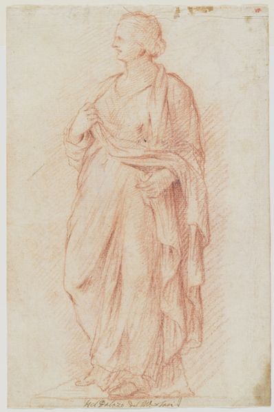 drawing: Standing Figure (a); figures studies (b). red chalk on paper