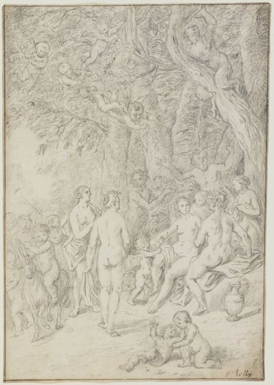 drawing: Bacchus, Nymphs and Satyrs. black chalk on paper