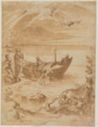 drawing: The Fall of Icarus. pen and brown ink and brown wash over black chalk on paper