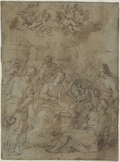 drawing: Adoration of the Shepherds. pen and brown ink, brown wash over black and white chalk on blue laid paper