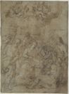 drawing: Adoration of the Shepherds. pen and brown ink, brown wash over black and white chalk on blue laid paper