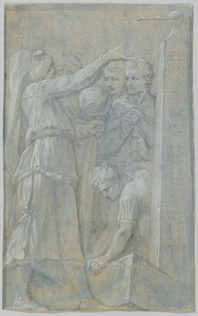drawing: Figures Around an Obelisk. brush and grey/blue wash highlighted with white on brown paper