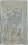 drawing: Figures Around an Obelisk. brush and grey/blue wash highlighted with white on brown paper