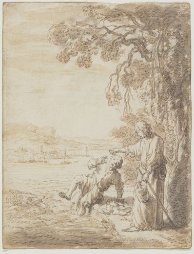 drawing: Tobias Frightened by the Fish. pen and brown ink, brown wash over black chalk on paper