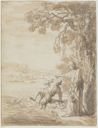 drawing: Tobias Frightened by the Fish. pen and brown ink, brown wash over black chalk on paper