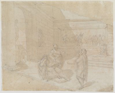 drawing: Classical Scene. black chalk, grey-brown wash, traces of red chalk on paper