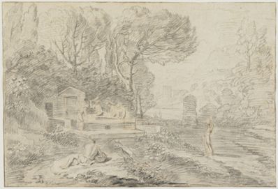 drawing: Landscape with Washwomen. black chalk and pen and brown ink on paper