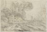 drawing: Landscape with Washwomen. black chalk and pen and brown ink on paper