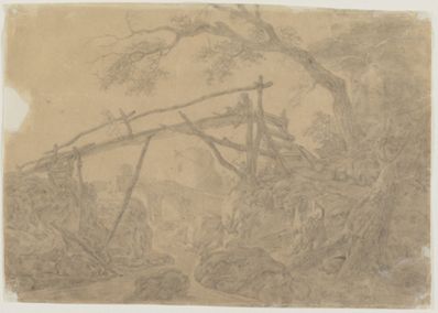 drawing: Landscape with Wooden Bridge. pen and grey ink, grey wash over black chalk on paper