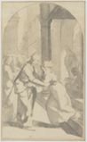 drawing: The Visitation. brush and grey wash over black chalk and graphite on paper