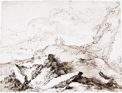 drawing: Rocky Landscape. pen and brown ink, brown wash, over traces of black chalk on paper