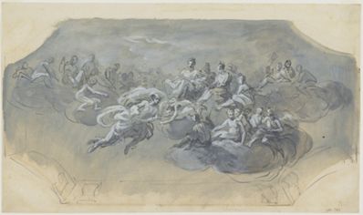 drawing: Mercury Bearing Psyche to Olympus. pen and brown ink, brush and black ink, blue-grey wash, over graphite heightened with white on paper