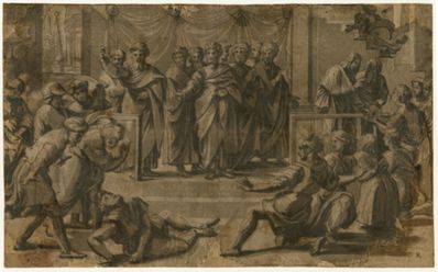 drawing: Death of Ananias. woodcut on paper