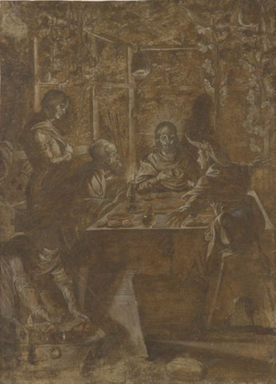 drawing: The Supper at Emmaus. pen and brown ink, brown wash heightened with white on brown prepared paper