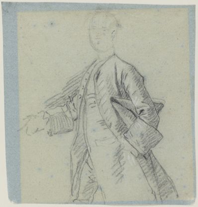 drawing: Study of a Man with a Tricorne Hat. black and white chalk on blue paper