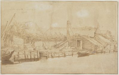 drawing: Sheds by the Water. pen and brown ink, brown wash, traces of black chalk on paper