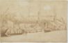 drawing: Sheds by the Water. pen and brown ink, brown wash, traces of black chalk on paper