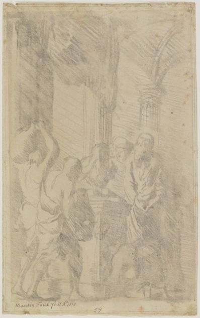 drawing: Sacrificial Scene. black chalk (counterproof) on paper