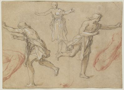 drawing: Studies of Running Figures. pen and brown ink and brown wash over black chalk on brown laid paper