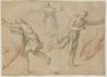 drawing: Studies of Running Figures. pen and brown ink and brown wash over black chalk on brown laid paper
