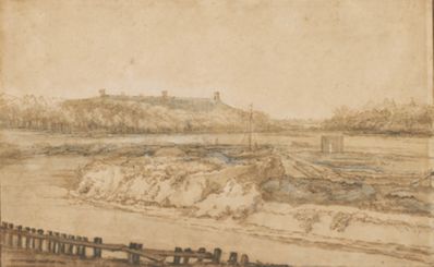 drawing: River Landscape. pen and brown ink, brown wash, black chalk heightened with white on paper