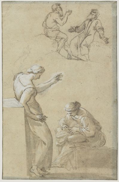 drawing: Figure Studies. pen and brown ink, brown wash, heightened with white over graphite on blue-green paper