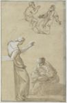 drawing: Figure Studies. pen and brown ink, brown wash, heightened with white over graphite on blue-green paper