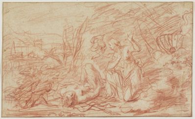 drawing: Venus and Adonis. red and white chalk on paper