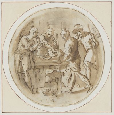 drawing: The Feast of the Passover. pen and brown ink and brown wash over black chalk on paper