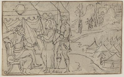 drawing: Achior before Holofernes. pen and dark brown ink, brown wash; traces of black chalk on verso on paper