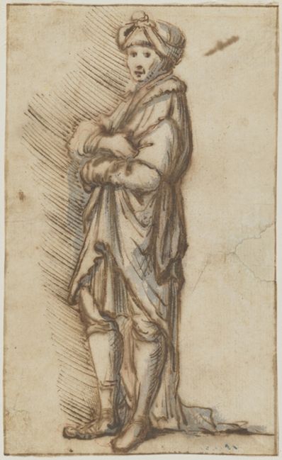 drawing: Standing Man with Turban. pen and brown ink, grey wash, over red chalk on paper