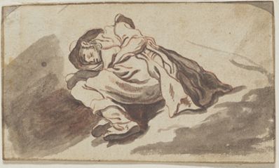 drawing: Man Lying Asleep. red chalk and brown wash on paper