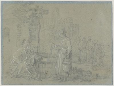 drawing: Christ and the Samaritan Woman. black and white chalk on blue laid paper