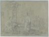 drawing: Christ and the Samaritan Woman. black and white chalk on blue laid paper