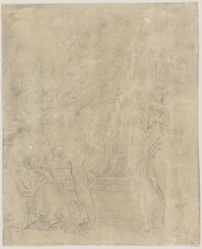 drawing: The Entombment. black chalk and brown wash heightened with white on paper