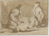 drawing: St. Sebastian Nursed by Saint Irene and Attendant. brush and brown wash over black chalk, squared in black, on brown paper