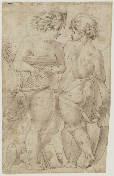 drawing: Two Boy Musicians. pen and brown ink, brown wash on paper