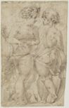 drawing: Two Boy Musicians. pen and brown ink, brown wash on paper