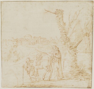 drawing: The Flight into Egypt. pen and brown ink over red chalk on paper