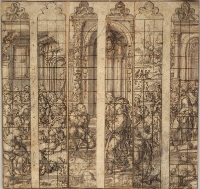 drawing: Three Designs for Stained Glass Windows. pen and brown ink, grey wash over black chalk, (traces of red chalk) on paper