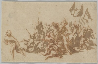 drawing: A Battle Scene. pen and brown ink, brush and brown wash over red chalk on paper