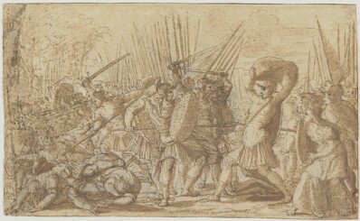 drawing: Battle Scene. pen and brown ink, brown wash over black chalk on paper