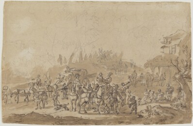 drawing: Soldiers Stopping to Rest. pen and brown ink, brown wash, over graphite on paper